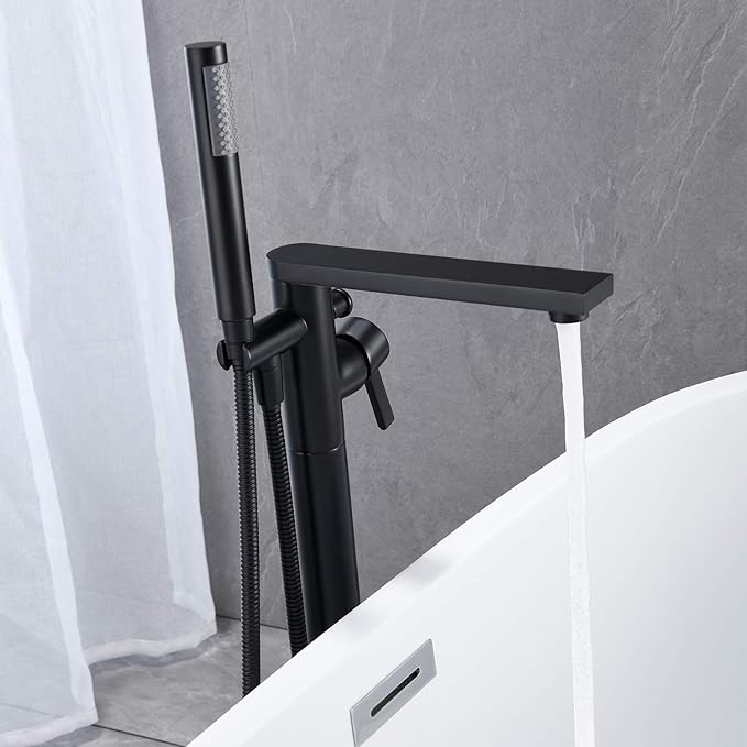 Freestanding Bathtub Faucet Tub Filler Black Floor Mount Brass Single Handle Bathroom Faucets with Hand Shower