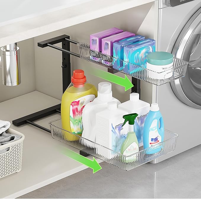 Under Sink Organizer, 2 Tier Pull Out Storage Organizer, Slide Out Storage Shelf for Bathroom & Kitchen, Under Cabinet Organizer and Storage with 5 Gears Height Adjustable (Black, 1 Pack)