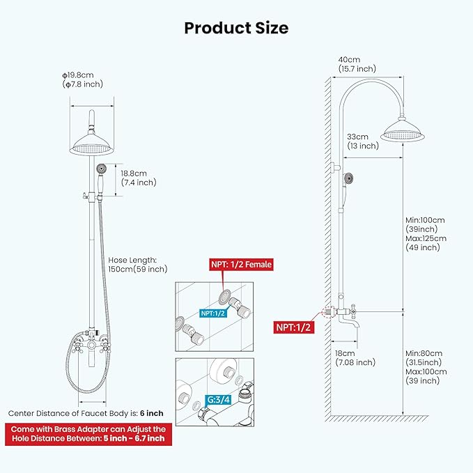 gotonovo Bathroom Classic Exposed Shower Faucet Wall Mount Shower System 8 Inch Luxurious Rainfall Shower Head Set with Tub Spout and Handheld Spray Double Cross Handles Brushed Nickel