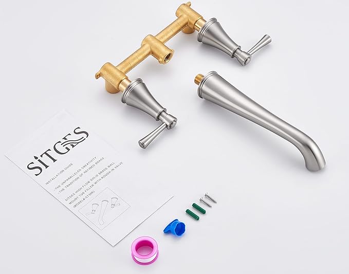SITGES High Flow Brushed Nickel Wall Mount Bathtub Faucet with Two Level Handles,Extra-Long 10.5" Spout Reach Solid Brass Wall Tub Filler with Rough-in Valve Included