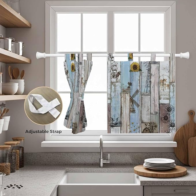 Blue Grey Wooden Kitchen Curtains 24 Inch Length, Small Window Curtains Tab Top - Image 5