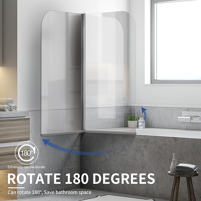 Shower Frameless Glass Door for Bathtub, 30”×55” Hinged Tub Shower Screen, Tempered Glass Tub Door, Chrome Pivot Bathroom Shower Door Panel