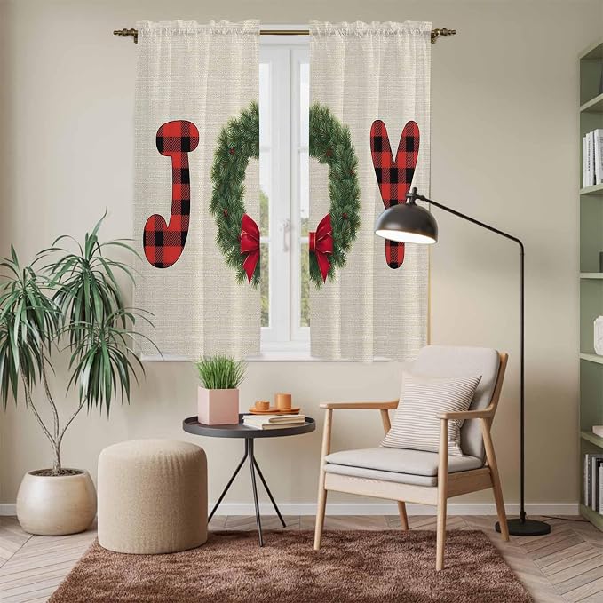Red Green Christmas Window Curtains 63 Inch Long 2 Panel Set, Rod Pocket - Image 7