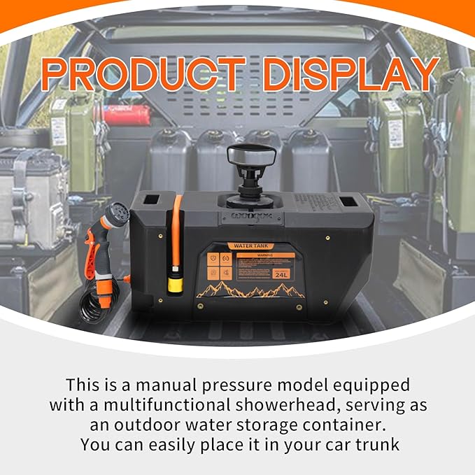 6.34Gallon/ 24L Self-Pressurized Water Tank with Hose and Sprayer, Water Storage Container Camping Shower for Overland Off-Road Vehicles, Pick-up Trucks,Outdoor Activities Water Supply