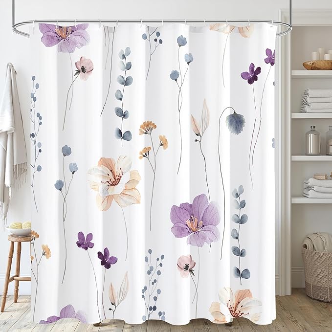 Gibelle Watercolor Floral Shower Curtain, Purple Beige Flower Shower Curtain for Bathroom, Modern Minimalist White Waterproof Fabric Shower Curtain Set 72x72 Inch