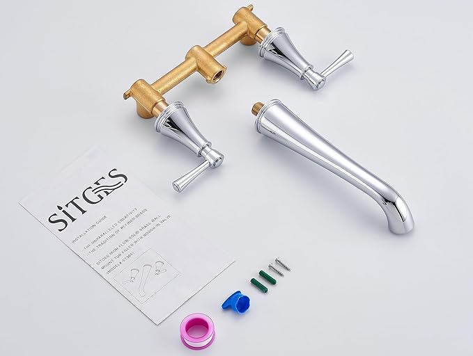 SITGES High Flow Chrome Wall Mount Bathtub Faucet with Two Level Handles,Extra-Long 10.5" Spout Reach Solid Brass Wall Tub Filler with Rough-in Valve Included