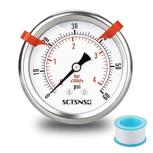 0 to 60 Psi Pressure Gauge, Glycerin Liquid Filled, 2.5 inch Dial, 1/4" NPT by SCTSNSR