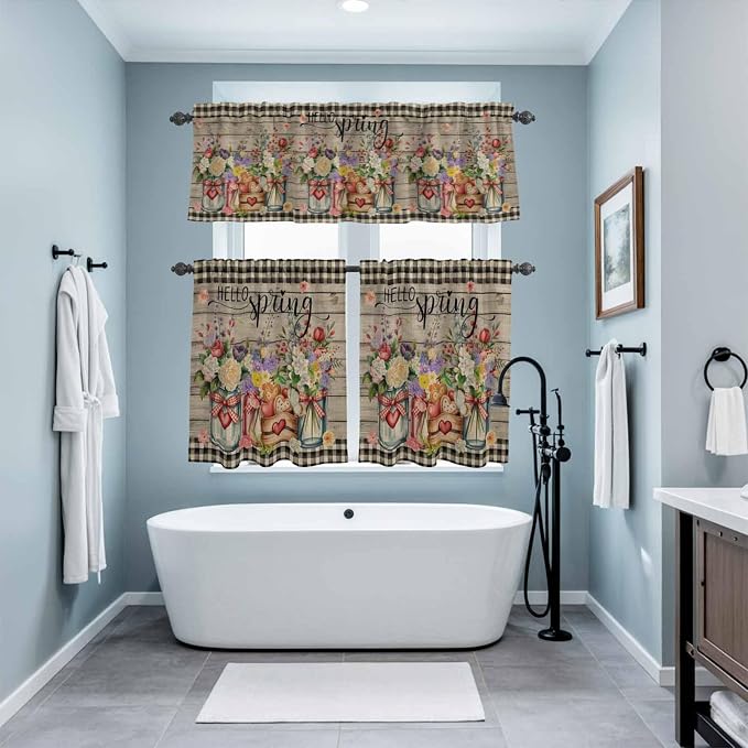 Kitchen Curtains Tiers and Valance Set of 3, Spring Flowers Light Filtering - Image 9
