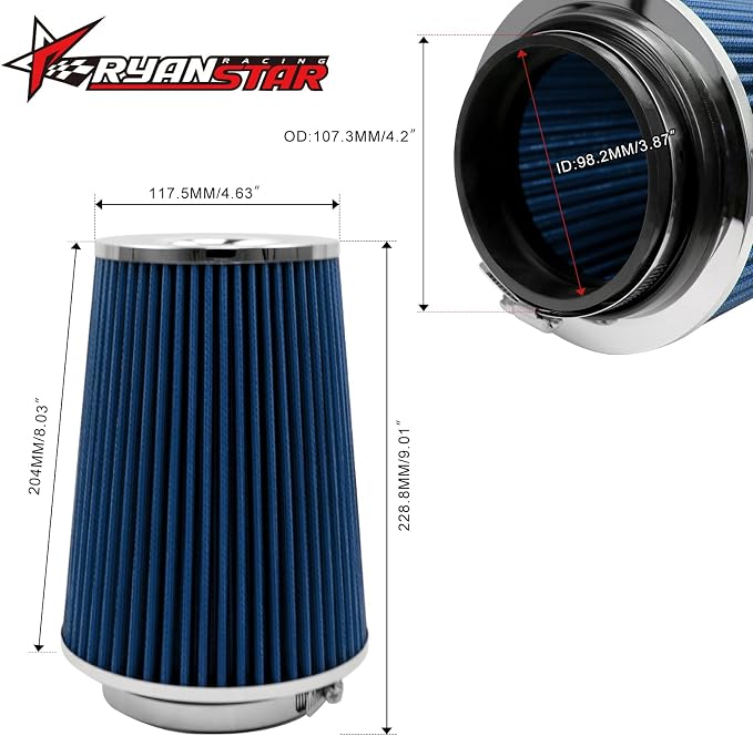 RYANSTAR RACING 102mm 4" High Flow Round Tapered Cone Cool Air Filter Cleaner - Image 2