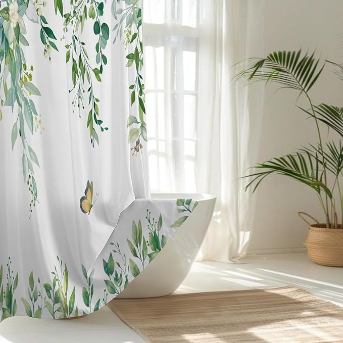 No Hook Shower Curtain and Liner Set, Light Green Eucalyptus Floral Shower Curtains for Bathroom, Bath Curtain Sets with Snap in Liner, Waterproof with See Through Top Window, 71x77 Inches