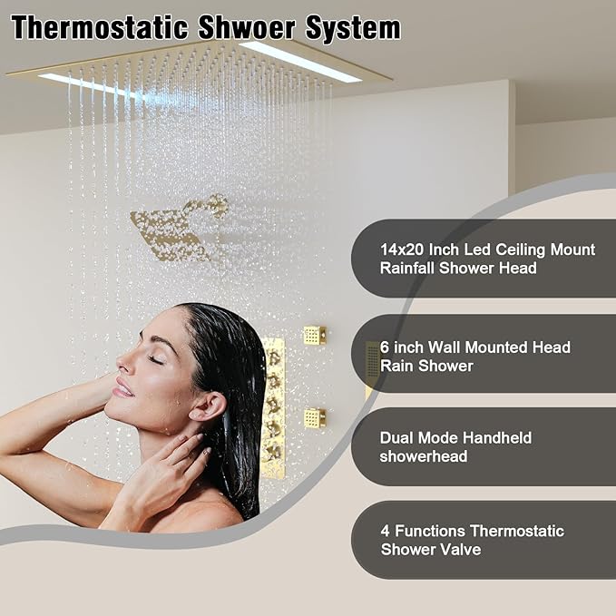 Thermostatic Shower System with 14x20 Inch Ceiling Mount LED Head & 6 Inch Wall Head and Handheld Shower 4 Function Vale with body jets Can All Run Together,Brushed Gold