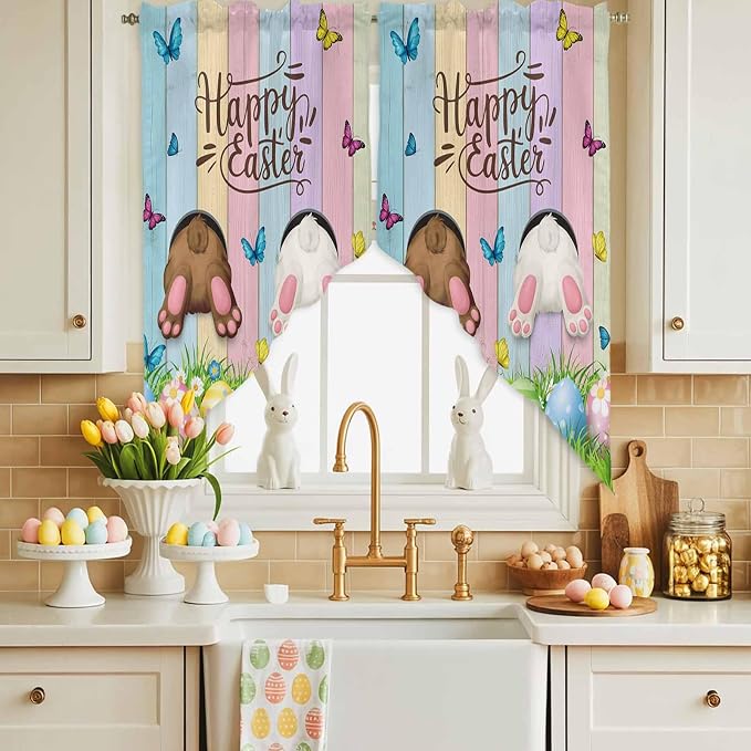 Swag Curtain Valances for Kitchen Windows, Happy Easter Rabbit Butt Egg on by Unknown