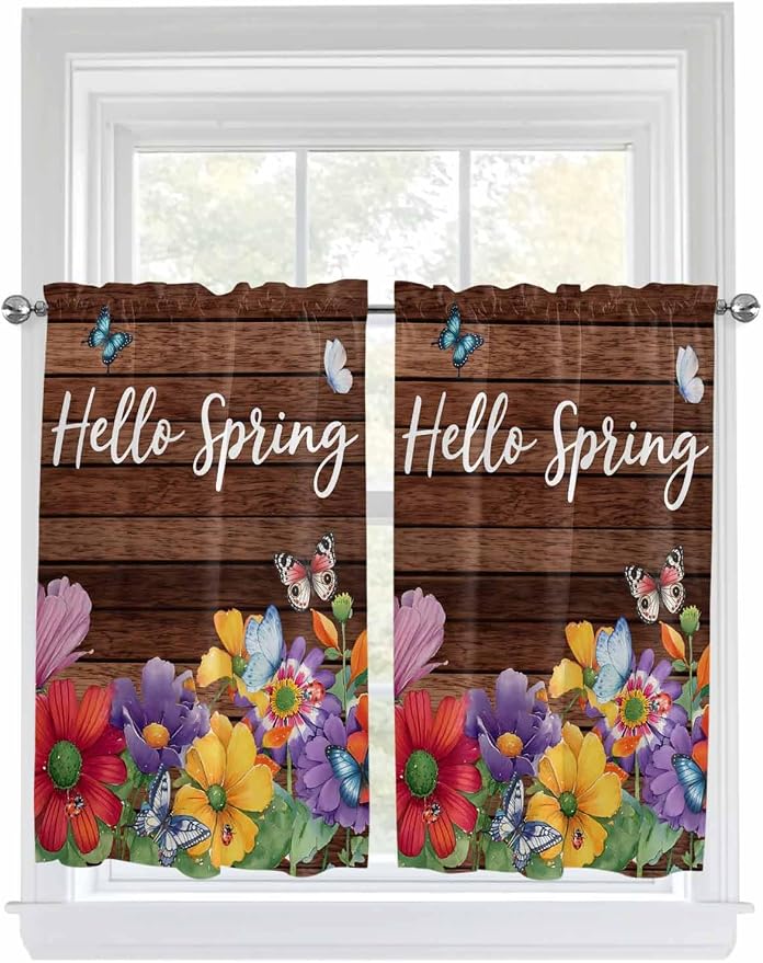 Spring Flowers Tier Curtains 45 Inches Long, Watercolor Farmhouse Colorful by Unknown