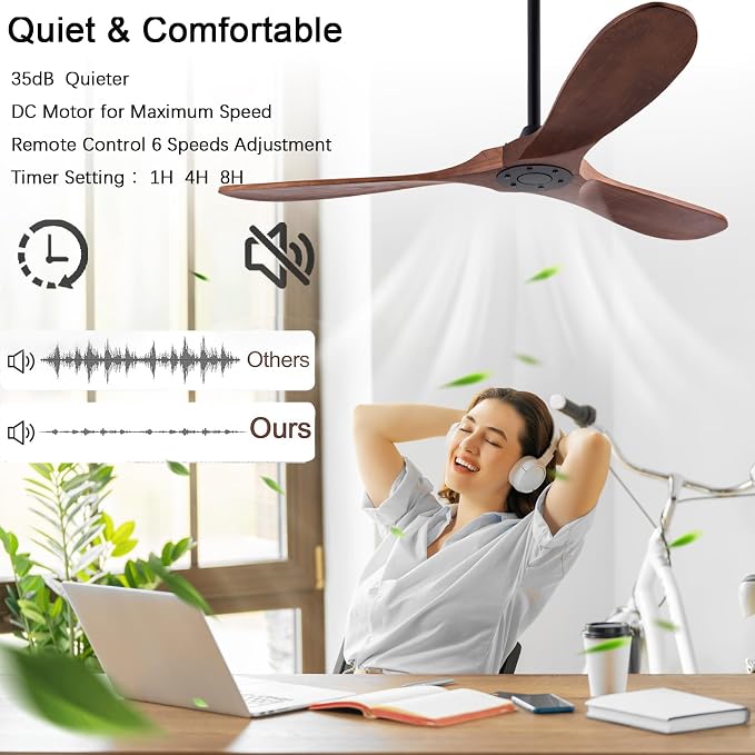QUTWOB 52" Wood Ceiling Fan No Lights - Image 3
