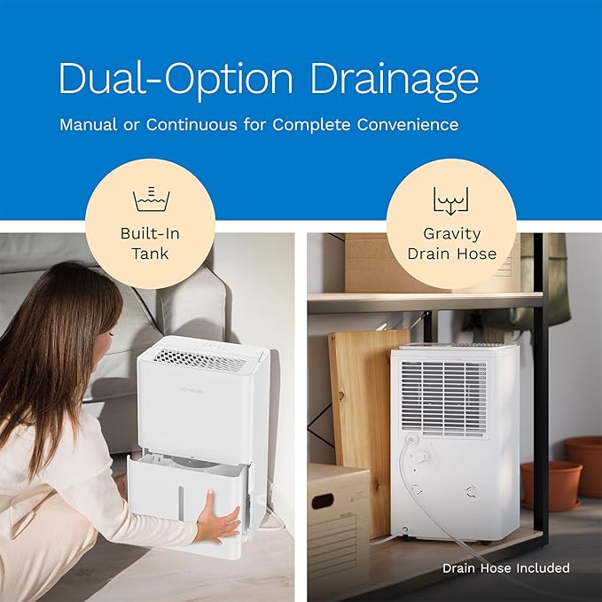 hOmeLabs Dehumidifier - Advanced Humidity & Moisture Control, Quiet, Efficient, Auto Shut-off, Ideal for Home, Basement, Office - 3,500 Sq Ft Wi-Fi (25 Pint MAX 64 Pint at 95°F, 90% RH)