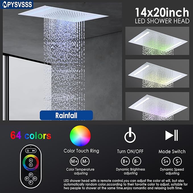 Rain Shower Head System with 14x20 Inch Ceiling Mount LED Head & 6 Inch Wall Head and Handheld Shower 3 Way Pressure Balance Valve Kit,Polished Chrome