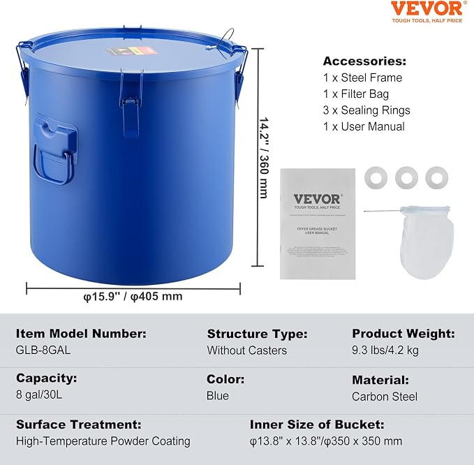 VEVOR Fryer Grease Bucket, 10 Gal Oil Disposal Caddy Carbon Steel Fryer Oil - Image 7