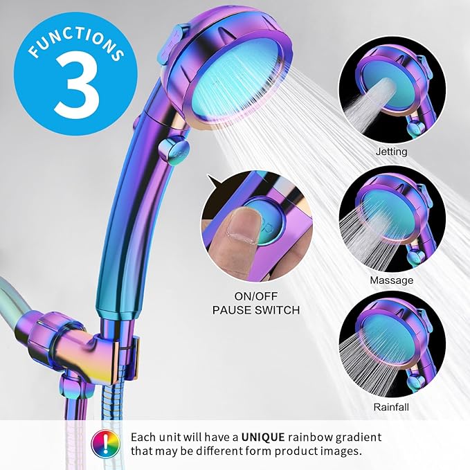 KAIYING High Pressure Handheld Shower Head with ON/OFF Switch, 3 Spray Modes, Adjustable Angle Bracket, Radiant Rainbow