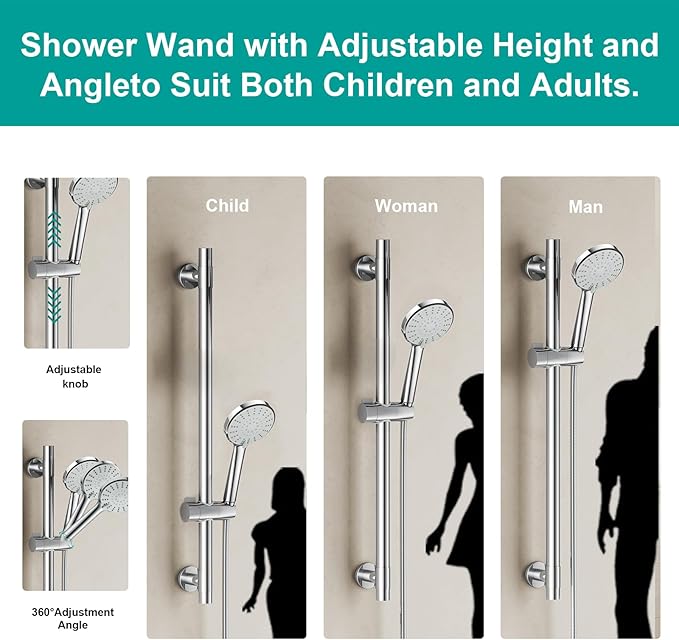 Shower Slide Bar Handheld Shower Head with Hose, 5-Function Hand Shower with Wall Mount，shower slide bar,adjustable height shower head (A-round, Chrome)