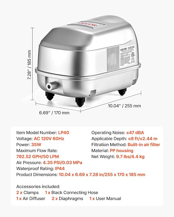 VEVOR Linear Air Pump, 792 GPH High Output Aerator - Image 7