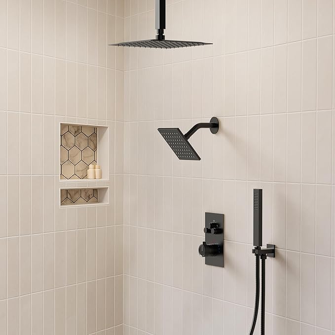 Ceiling Mount 12" High-Pressure Rainfall Shower Faucet, Dual Rainfall Shower Head System with Valve (Matte Black)
