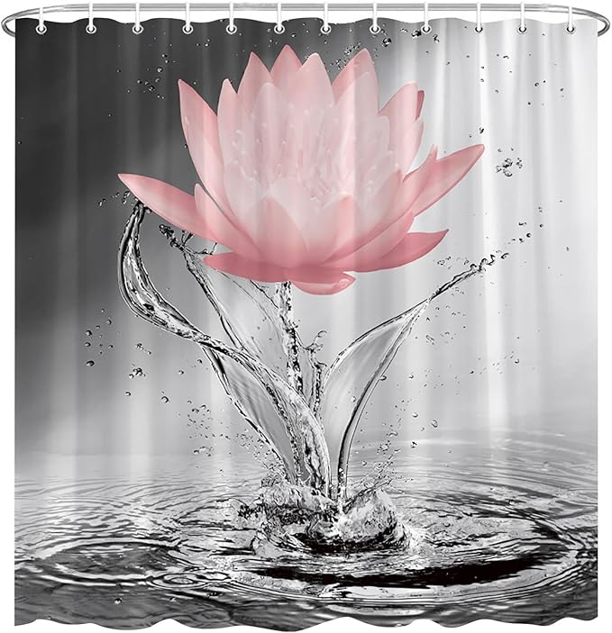 Lotus Shower Curtain Black White Grey Red Flower Elegant Blooming Floral with Dew Spring Flower Reflection on Water Modern Romantic Polyester Fabric Bathroom Decor 36×70 Inch with Hook