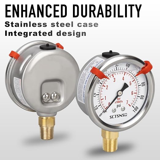0 to 100 Psi Pressure Gauge, Glycerin Liquid Filled, 2.5 inch Dial, 1/4" NPT - Image 3