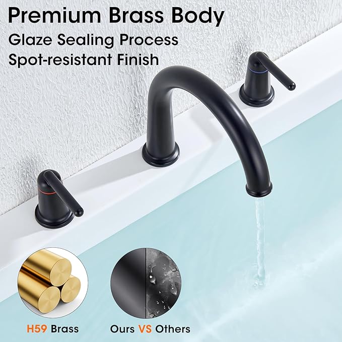 Bathtub Faucet Set 3 Hole, Widespread Deck Mount Tub Faucet with Valve Brass High Flow Tub Filler Garden Bath Tub Faucet Set 2-Handle High Arch Roman Bathtub Faucets Matte Black WT-9807BK