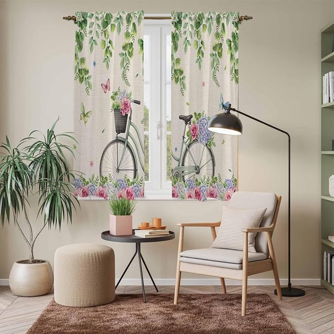 Farmhouse Spring Kitchen Curtains, Retro Bicycles Flowers Vines Butterfly Light - Image 7