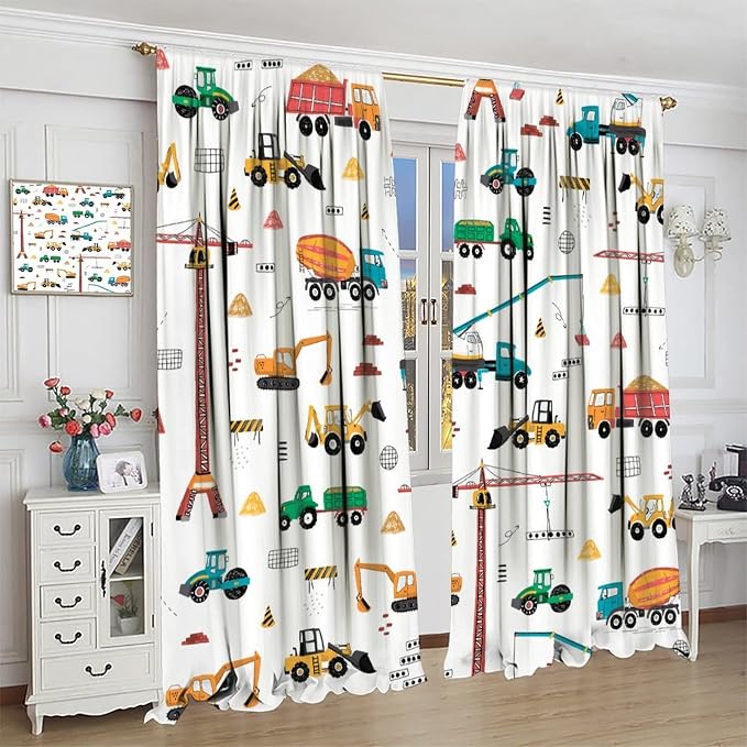 Construction Window Curtains, Kids Cartoon Construction Machines Building Hand - Image 3
