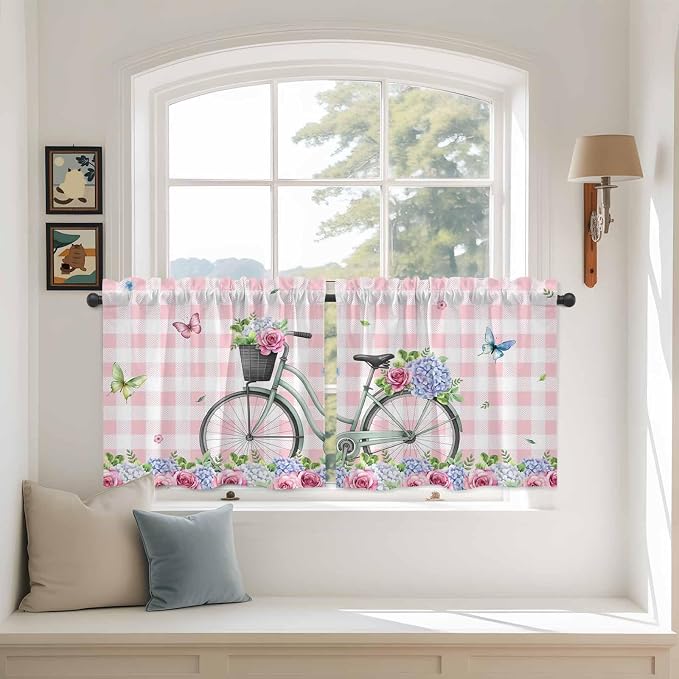 Spring Tier Curtains, Bicycles Leaves Butterfly Flowers Pink Buffalo Plaid - Image 3