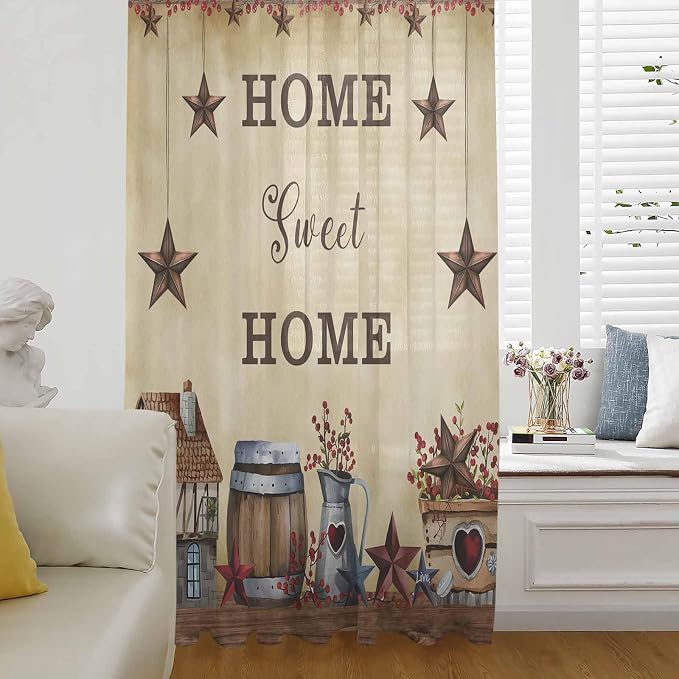 Farm Sheer Curtains 108 Inch Length American Country Barn Star Vintage Berry by Unknown