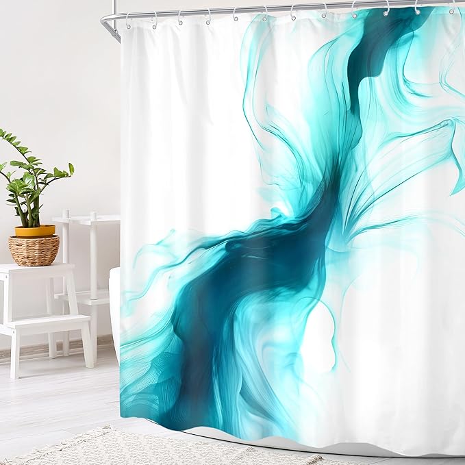 Cinbloo Teal Turquoise Aqua 60Wx72H Shower Curtain Abstract Modern Ombre Marble Ink Art White Texture Minimalist Bathroom Curtain Set Aesthetic Simple Cool Neutral Bath Bathroom Accessories Decor