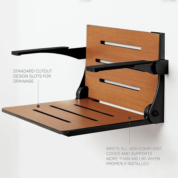 Seachrome Silhouette Comfort Folding Wall Mount Shower Bench Seat with Arms, Teak Seat with Matte Black Frame