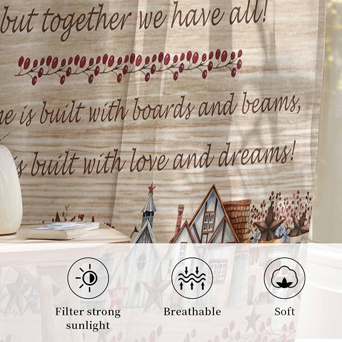Farmhouse Sheer Curtains 84 Inch Length Brown Country Star Berry Vintage Wood - Image 2