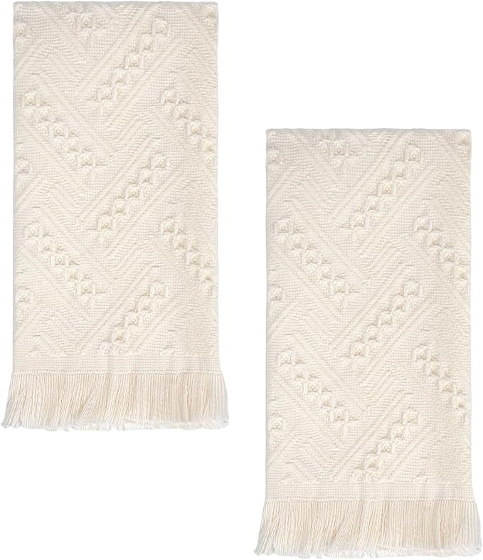 Luxury Decorative Hand Towels Bathroom: 2 Packs 14X30 100% Cotton Turkish Absorbent Soft Face Towel Set for Boho Bathroom Decor Kitchen Hotel Spa Farmhouse Guest Tea Gift (Cream White, 14"x30")