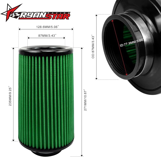 RYANSTAR RACING 76mm 3" High Flow Round Tapered Cone Cool Air Filter Cleaner - Image 2