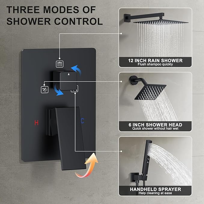 Rain Shower System Matte Black Shower Faucet Set, Dual Rainfall Shower Head Set with 2 in 1 Handheld Spray, Wall Mounted Bathroom 12-inch & 6-inch Square Showerheads with Valve, Matte Black