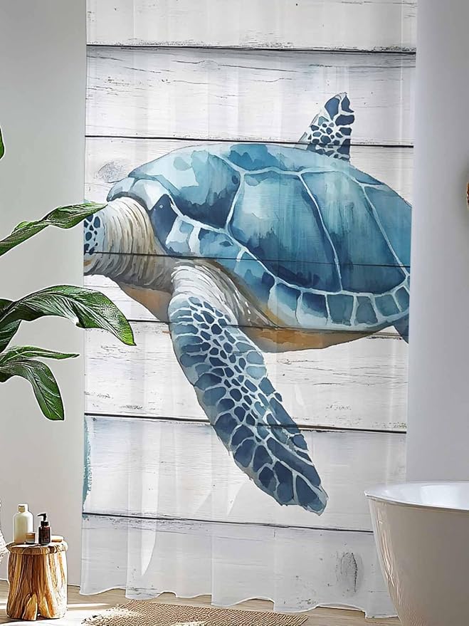 Sheer Curtains 84 Inches Long, Sea Turtle Blue Semi Sheer Curtains Light - Image 4