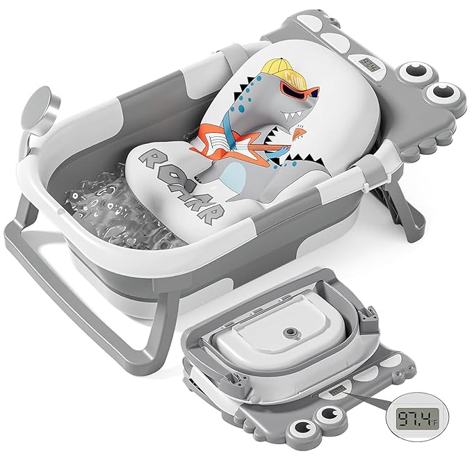 TPN Collapsible Baby Bathtub, Baby Bath Tub with Soft Cushion & Real-Time Thermometer, Baby Bathtub Infant to Toddler Tub (0-36 Months), Portable Travel Baby Tubs for Newborns (Grey)
