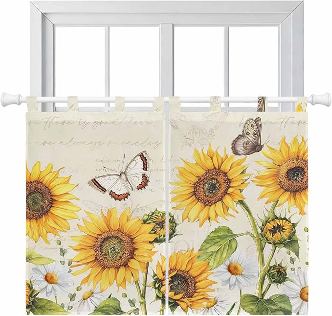 Farm Sunflowers Kitchen Curtains 45 Inch Length, Short Cafe Window Curtains Tab by Unknown