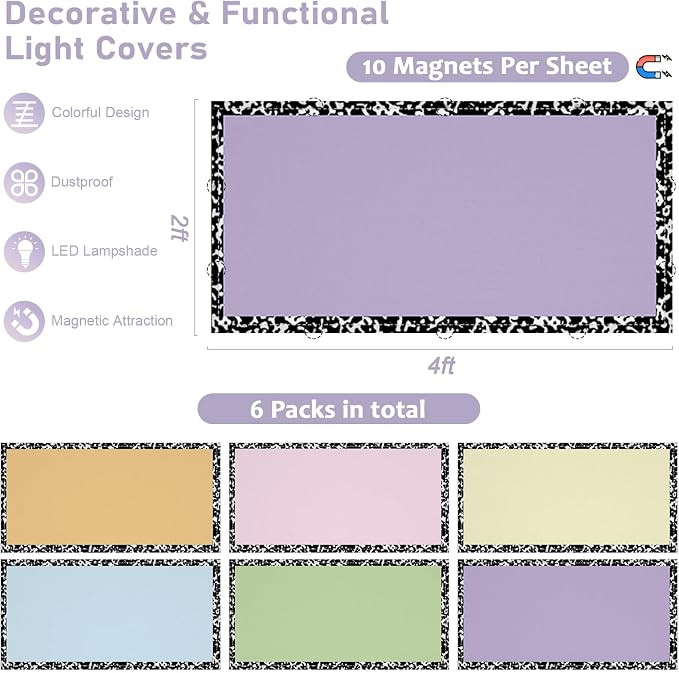 6 Pcs Fluorescent Light Covers for Classroom Ceiling Lights 4x2 FT Colorful - Image 2