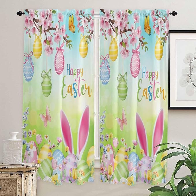 Easter Living Room Curtains 72 Inches length, Spring Bunny Colorful Rabbit Eggs - Image 2