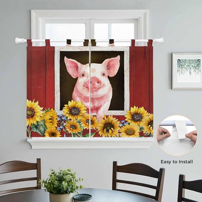 Pigs Sunflowers Kitchen Curtains 45 Inch Length, Short Cafe Window Curtains Tab - Image 4