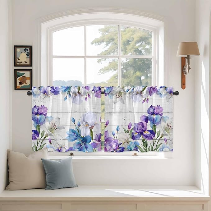 Spring Flowers Tier Curtains, Watercolor Garden Florals Wooden Grain Light - Image 3