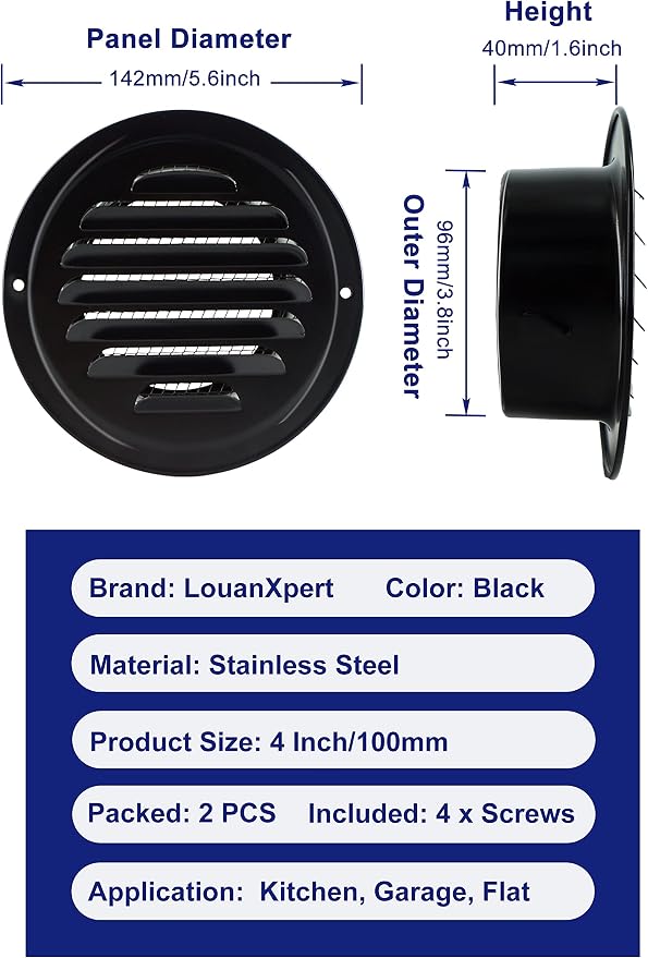 4 Inch Black Soffit Vent Cover, LouanXpert Stainless Steel Round Air Vent Cover - Image 2