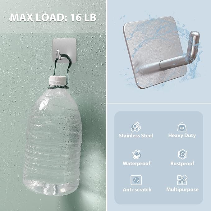 VIS'V Adhesive Hooks, Heavy Duty Shower Wall Stick on Hooks, Waterproof, 2 Extra Adhesive Strips, Silver, 4 Pcs