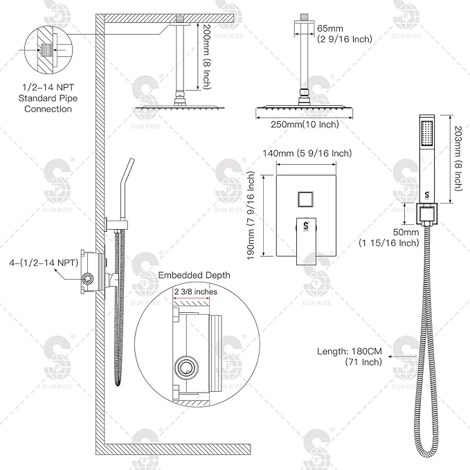 SR SUN RISE Brass 10 Inches Ceiling Mounted Shower System Brushed Nickel Bathroom Luxury Rain Mixer Shower Combo Set Ceiling Install Rainfall Shower Head System