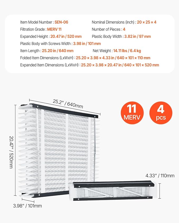VEVOR 20x25x4 Furnace Air Filter, MERV 11 Pleated HVAC AC Replacement, - Image 7