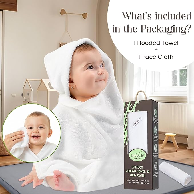 Bamboo Hooded Baby Towel with Face Cloth – 1 Hooded Towel (29x29 inches) & 1 Washcloth (9x9 inches) – Ultra Soft, Absorbent & Cozy Bath Set for Newborns and Infants